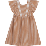 Vestido manga babado listrado bege