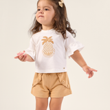Conj. blusa manga curta babado abacaxi + shorts bege