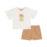 Conj. blusa manga curta babado abacaxi + shorts bege
