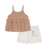 Conj. blusa sem manga babados listrada bege + shorts sarja estrelas