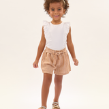 Conj. blusa sem manga renda off white + shorts  listrado bege