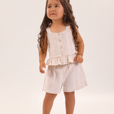 Conj. blusa sem manga peplum + shorts linho e lurex