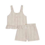 Conj. blusa sem manga peplum + shorts linho e lurex