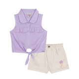 Conj. blusa sem manga babados e amarração lilás + shorts sarja