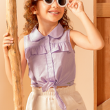 Conj. blusa sem manga babados e amarração lilás + shorts sarja