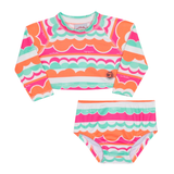 Conj. praia blusa cropped manga longa + calcinha biquini ondas coloridas