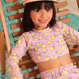 Conj. praia blusa cropped manga longa + calcinha biquini limão lilás