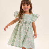 Vestido manga babado folhagem verde menta