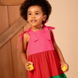 Vestido midi sem manga color block