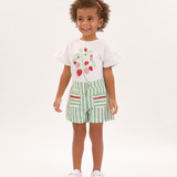 Conj. blusa manga curta moranguinhos + shorts linho listrado verde