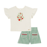 Conj. blusa manga curta moranguinhos + shorts linho listrado verde