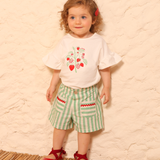 Conj. blusa manga curta moranguinhos + shorts linho listrado verde