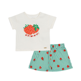 Conj. blusa manga curta + shorts saia listrado moranguinhos