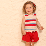 Conj. blusa sem manga tricô + shorts linho ecológico vermelho