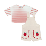 Jardineira linho moranguinhos + blusa manga curta listrada vermelha