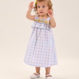 Vestido midi sem manga xadrez com babados