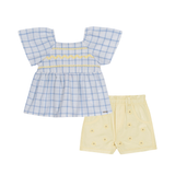 Conj. blusa evasê manga curta xadrez + shorts sarja amarelo pastel