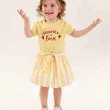 Conj. blusa manga curta + shorts saia listrado amarelo pastel