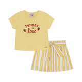 Conj. blusa manga curta + shorts saia listrado amarelo pastel