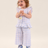 Conj. blusa manga babado + calça pantacourt xadrez