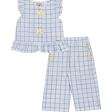 Conj. blusa manga babado + calça pantacourt xadrez