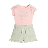 Conjunto bebê body cotton rosa e shorts malha canelada listrada verde