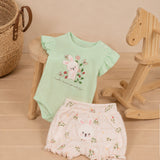 Conjunto bebê body cotton verde e shorts suedine estampado xadrez floral