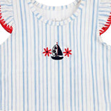 Conjunto bebê cotton blusa listrada azul e tapa-fralda vermelho