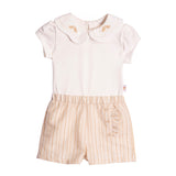 Conjunto bebê body cotton off-white gola bordada e shorts tecido listrado fio tinto bege lurex dourado