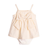 Vestido bebê malha bordado inglês com body malha bege claro