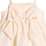 Vestido bebê malha bordado inglês com body malha bege claro