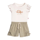 Conjunto bebê body suedine off-white e shorts malha texturizada verde