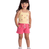 Conjunto infantil regata malha canelada amarela bordada e shorts moletinho rosa