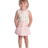 Conjunto infantil regata cotton estampado e saia com shorts moletinho rosa