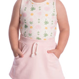Conjunto infantil regata cotton estampado e saia com shorts moletinho rosa