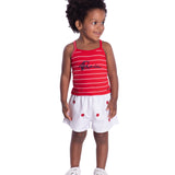 Conjunto infantil regata malha canelada listrado vermelho e shorts sarja bordado
