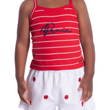 Conjunto infantil regata malha canelada listrado vermelho e shorts sarja bordado