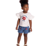Conjunto infantil blusa cotton lantejoula e shorts jeans bordado