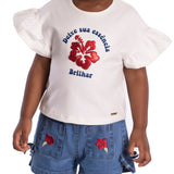 Conjunto infantil blusa cotton lantejoula e shorts jeans bordado