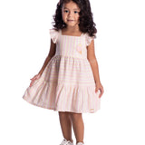 Vestido infantil tecido listrado rosa e amarelo claro