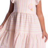 Vestido infantil tecido listrado rosa e amarelo claro