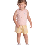 Conjunto infantil regata cotton bordado e shorts tecido linho fio tinto listrado