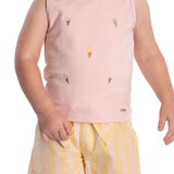 Conjunto infantil regata cotton bordado e shorts tecido linho fio tinto listrado