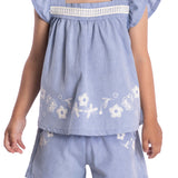 Conjunto infantil bata e shorts tecido plano azul