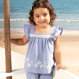 Conjunto infantil bata e shorts tecido plano azul