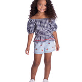 Conjunto infantil blusa tricoline fio tinto xadrez e shorts jeans bordado