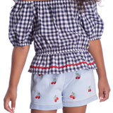 Conjunto infantil blusa tricoline fio tinto xadrez e shorts jeans bordado