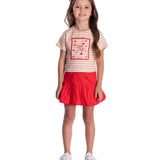 Conjunto infantil blusa cotton listrada e saia balonê com shorts vermelha