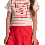 Conjunto infantil blusa cotton listrada e saia balonê com shorts vermelha