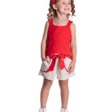 Conjunto infantil regata tricoline vermelha e shorts linho natural
